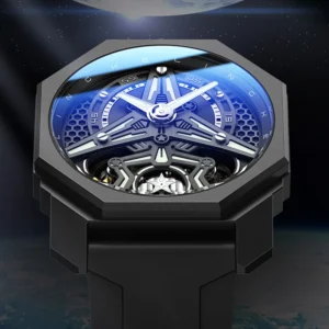 Skeleton Automatic Luminous Watch with Stainless Steel Case and Silicone Strap