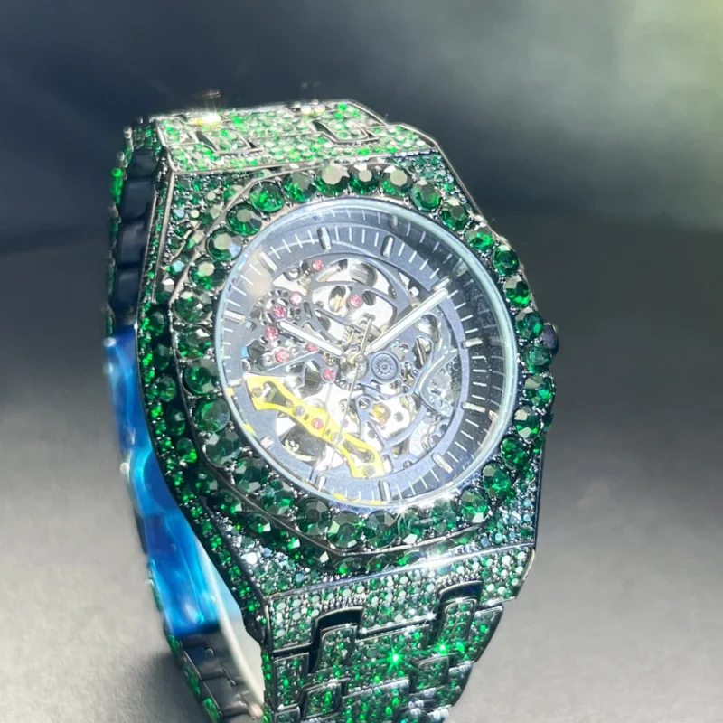 Luxury Skeleton Tourbillon Automatic Watch with Diamond Accents and Green Dial - Image 3