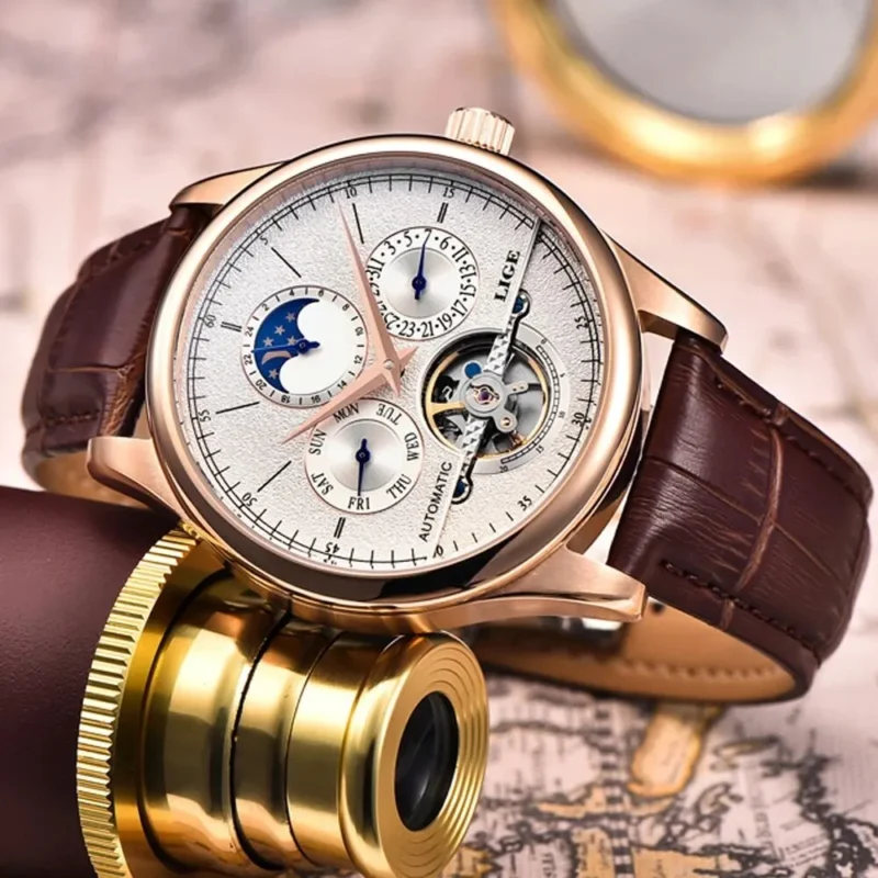 Luxury Tourbillon Automatic Mechanical Watch with Genuine Leather Strap and Complete Calendar - Image 2