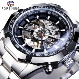 Luxury Skeleton Automatic Watch with Transparent Dial and Stainless Steel Bracelet