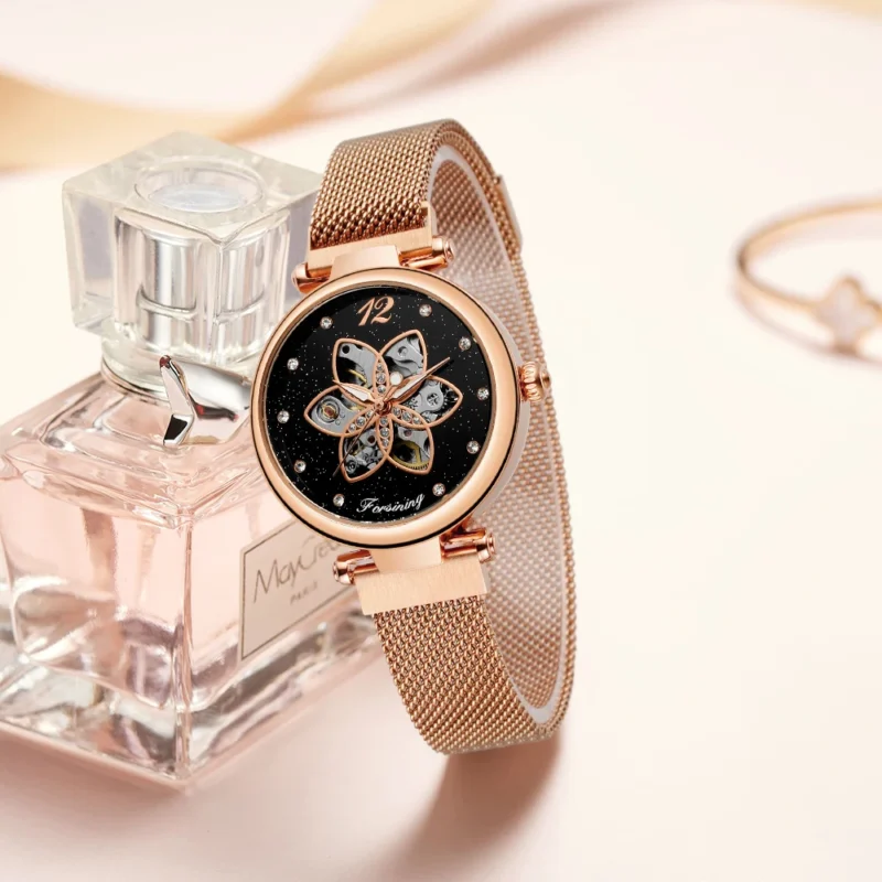 Starry Sky Open Heart Automatic Watch with Rose Gold Case and Stainless Steel Bracelet - Image 2
