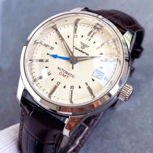 Professional GMT Automatic Watch with Dome Sapphire Crystal and Stainless Steel Bracelet