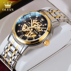 Skeleton Automatic Mechanical Watch with Luminous Dial and Stainless Steel Bracelet