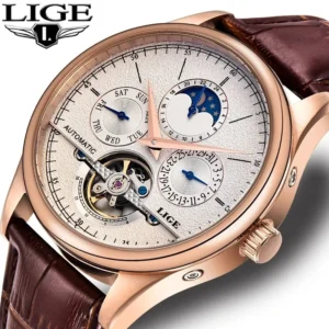 Luxury Tourbillon Automatic Mechanical Watch with Genuine Leather Strap and Complete Calendar