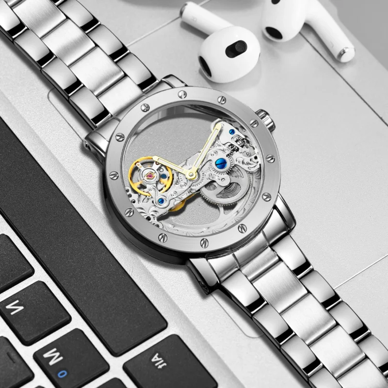 Skeleton Tourbillon Automatic Watch with Luminous Dial and Stainless Steel Bracelet - Image 2