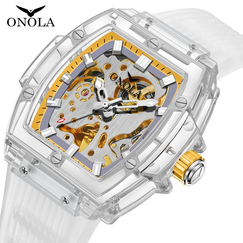 Skeleton tactical automatic watch with transparent dial for movement visibility