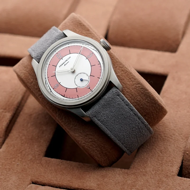 Vintage Salmon Dial Mechanical Hand-Wind Skin Diver Watch with Leather Strap and 50m Water Resistance - Image 7