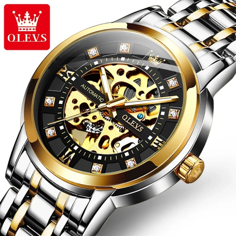 Skeleton Automatic Mechanical Watch with Luminous Dial and Stainless Steel Bracelet - Image 2