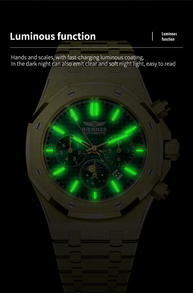 HAEMMER Luxury Automatic Men's Watch with Green Dial and Stainless Steel Bracelet - Image 6