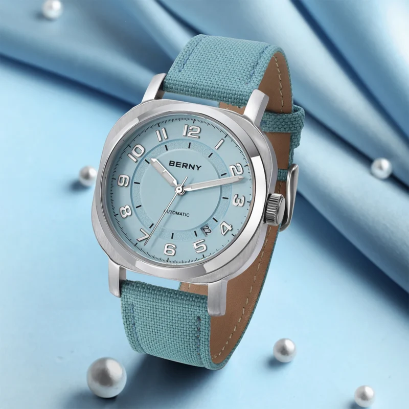 Square Automatic Ladies Watch with Sapphire Crystal and Canvas Strap - Image 2