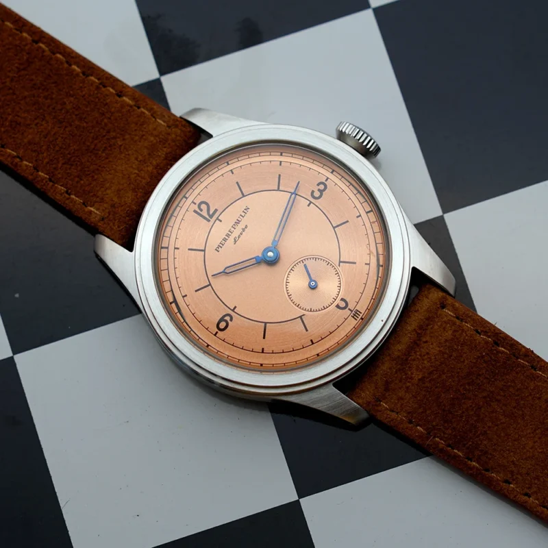 Vintage Salmon Dial Mechanical Hand-Wind Skin Diver Watch with Leather Strap and 50m Water Resistance - Image 8