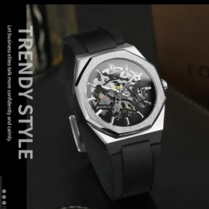 Octagon Skeleton Automatic Watch with Stainless Steel Case and Rubber Strap