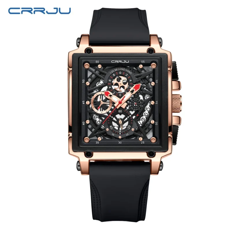 Square Chronograph Quartz Watch with Hollow Design and Silicone Strap - Image 7