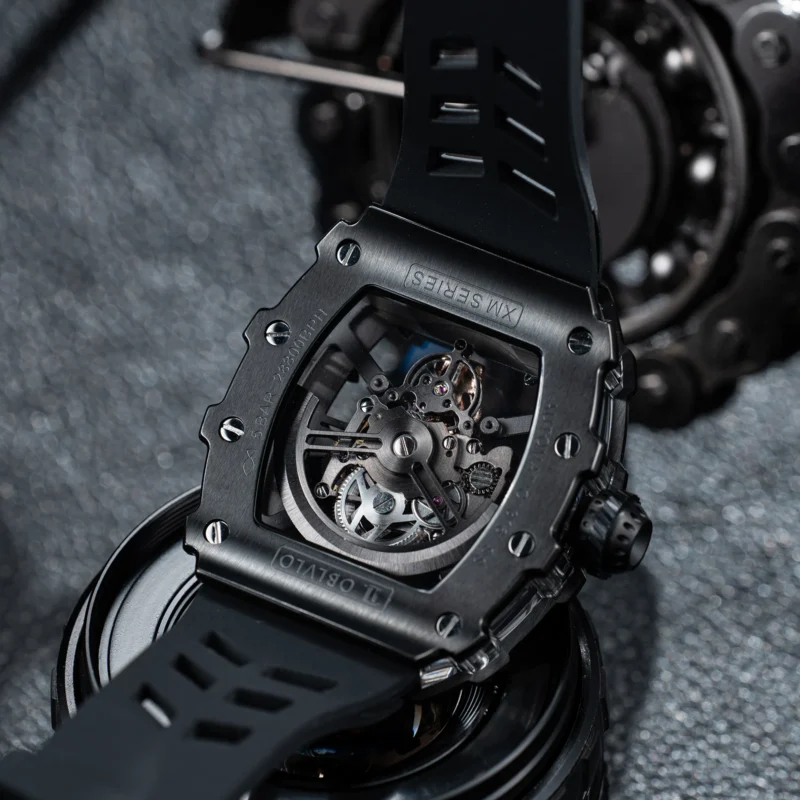 Skeleton Tonneau Automatic Watch with Black PVD Case and Rubber Strap - Image 5