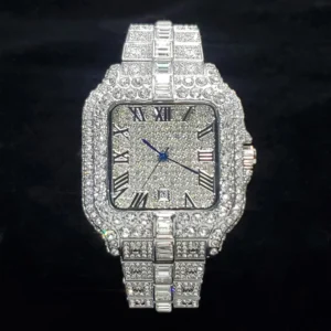 Square Diamond Iced Out Quartz Watch with Stainless Steel Bracelet
