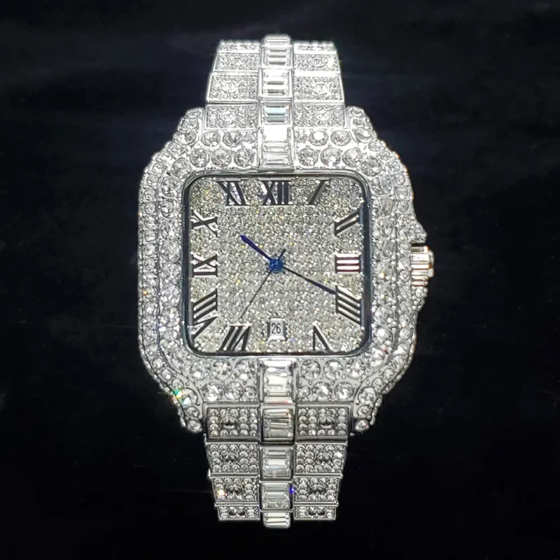 Square Diamond Iced Out Quartz Watch with Stainless Steel Bracelet