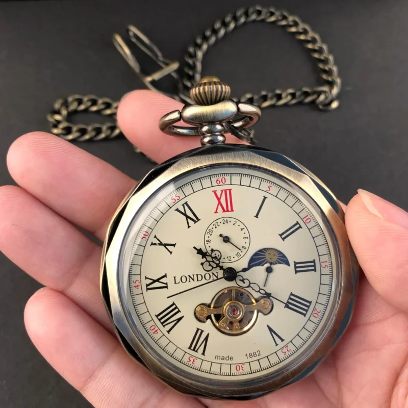 Vintage Mechanical Pocket Watch with Moon Phase and Roman Numerals Hand-Wound Steel Watch with Chain