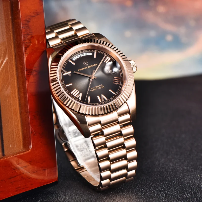 Luxury Automatic Rose Gold Watch with Sapphire Crystal and Complete Calendar Steel Bracelet - Image 5