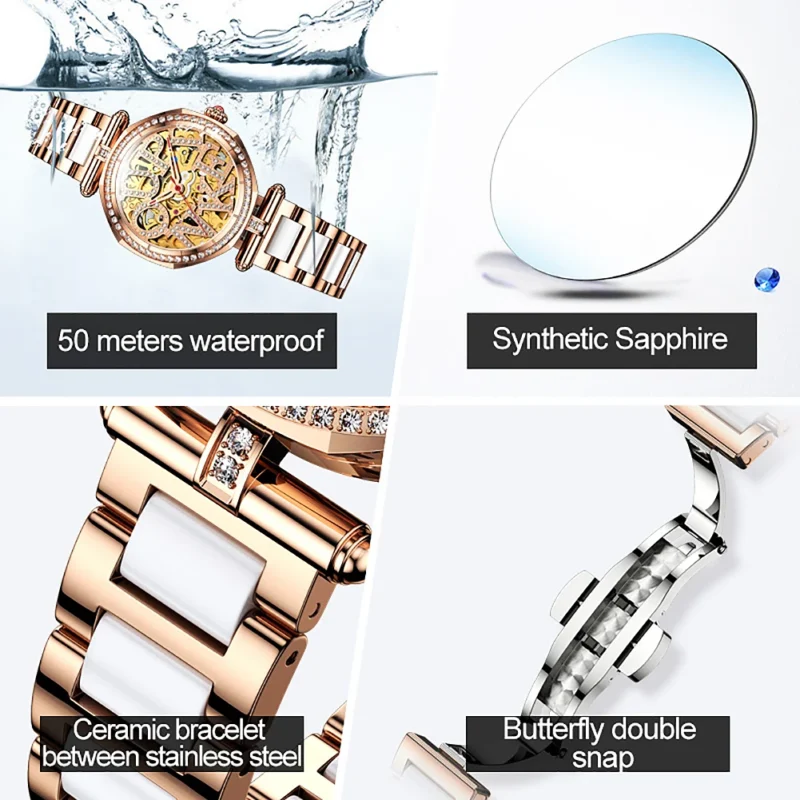 Luxury Women's Skeleton Automatic Watch with Sapphire Crystal and Ceramic Bracelet - Image 5