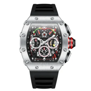 Tonneau Chronograph Sport Quartz Watch with Stainless Steel Case and Rubber Strap