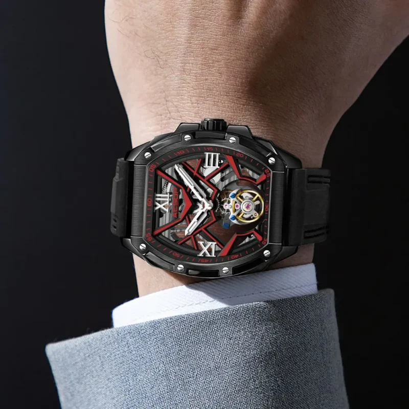 Luxury Skeleton Tourbillon Manual Wind Watch with Sapphire Crystal and Rubber Strap - Image 6