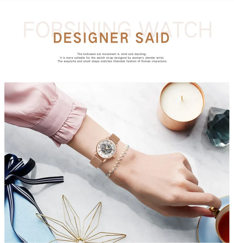 Ladies Luxury Skeleton Mechanical Watch with Stainless Steel Bracelet - Image 5