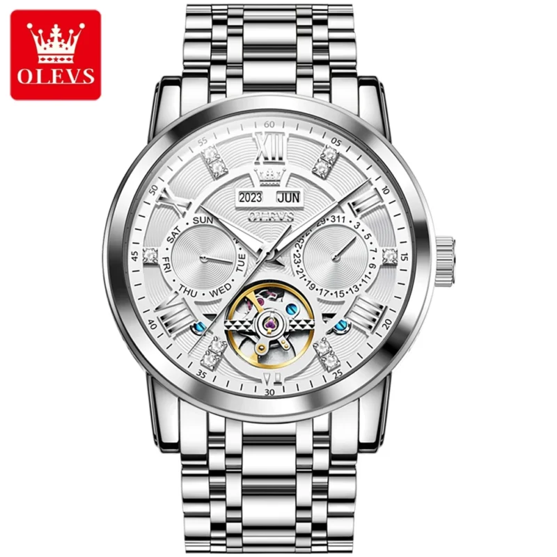 Skeleton Automatic Watch with Dual Calendar Display Luminous Dial Stainless Steel Self-Wind Timepiece - Image 8
