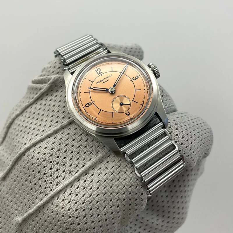 Vintage Salmon Dial Mechanical Hand-Wind Skin Diver Watch with Leather Strap and 50m Water Resistance - Image 3