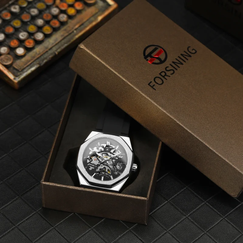 Octagon Skeleton Automatic Watch with Stainless Steel Case and Rubber Strap - Image 2