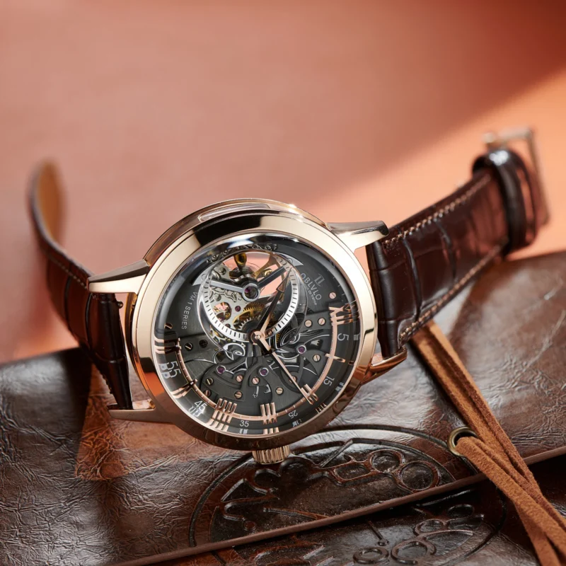 Luxury Skeleton Automatic Watch with Exhibition Dial and Leather Strap - Image 2