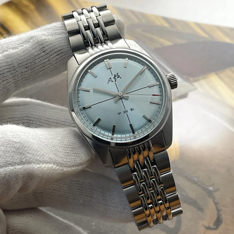 Vintage Salmon Dial Hand-Wind Mechanical Dress Watch with Canvas Strap - Image 11