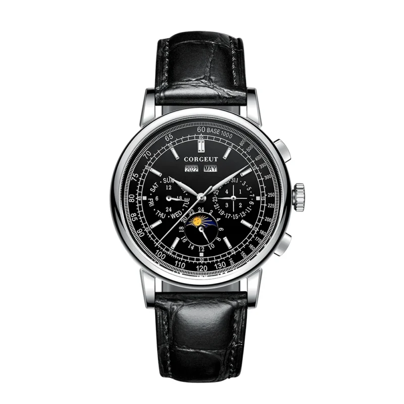 Luxury Moonphase Automatic Watch with Multi-Calendar Display and Genuine Leather Strap - Image 7