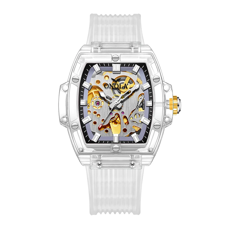 Transparent crystal design allowing clear view of skeleton movement mechanism