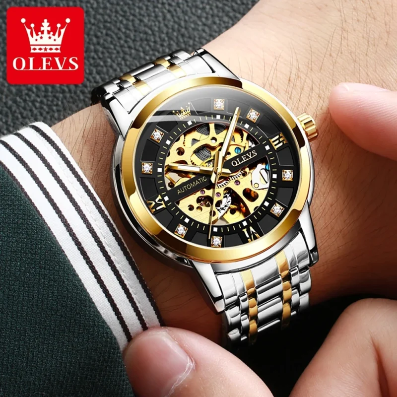 Skeleton Automatic Mechanical Watch with Luminous Dial and Stainless Steel Bracelet - Image 6