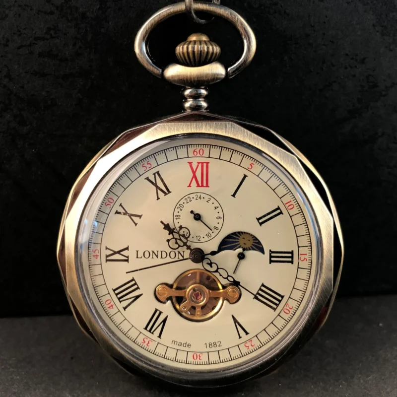 Vintage Mechanical Pocket Watch with Moon Phase and Roman Numerals Hand-Wound Steel Watch with Chain - Image 2