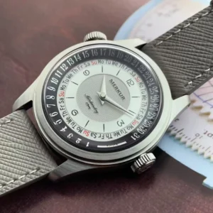 Vintage Dual Crown Calendar Week Manual Wind Watch with Leather Strap and 38mm Steel Case