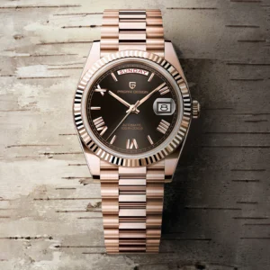 Luxury Automatic Rose Gold Watch with Sapphire Crystal and Complete Calendar Stainless Steel Bracelet