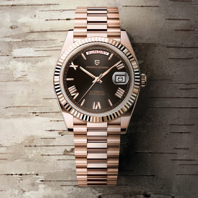 Luxury Automatic Rose Gold Watch with Sapphire Crystal and Complete Calendar Stainless Steel Bracelet