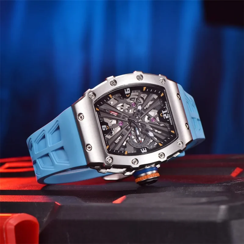 Skeleton Dial Rectangle Quartz Watch with Sapphire Crystal and Rubber Strap - Image 2
