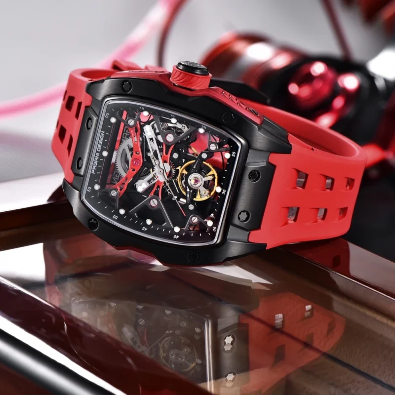Skeleton Automatic Watch with Tonneau Case Sapphire Crystal and Silicone Strap - Image 2