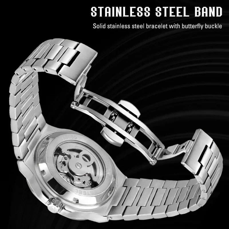 Square Skeleton Automatic Moon Phase Watch with Sapphire Crystal and Stainless Steel Bracelet - Image 3