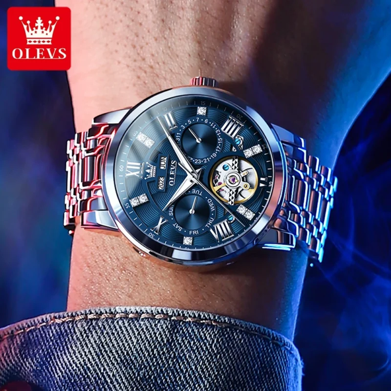 Skeleton Automatic Watch with Dual Calendar Display Luminous Dial Stainless Steel Self-Wind Timepiece - Image 5