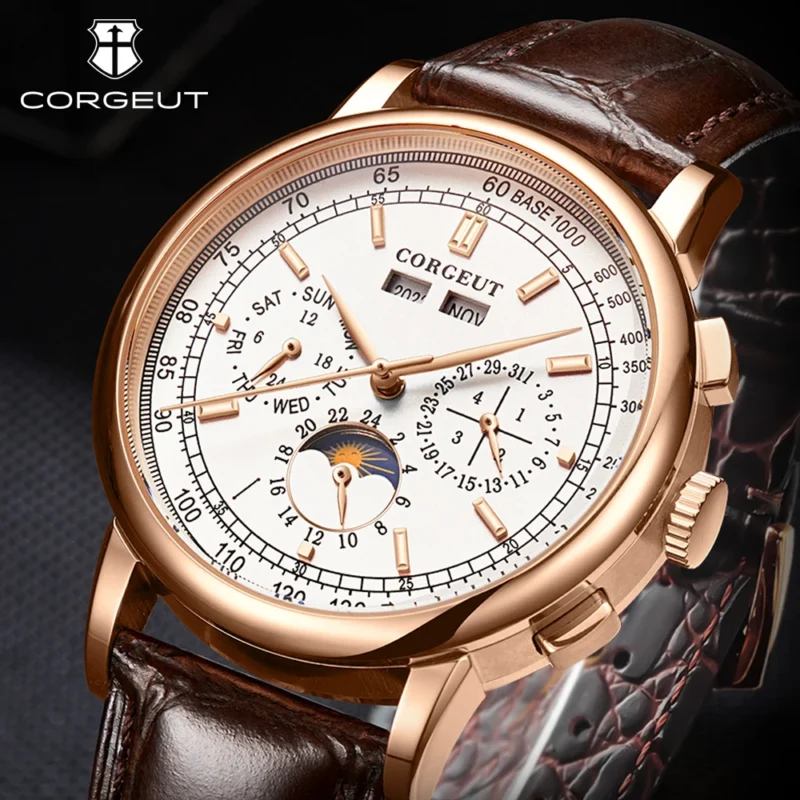 Luxury Moonphase Automatic Watch with Multi-Calendar Display and Genuine Leather Strap - Image 2