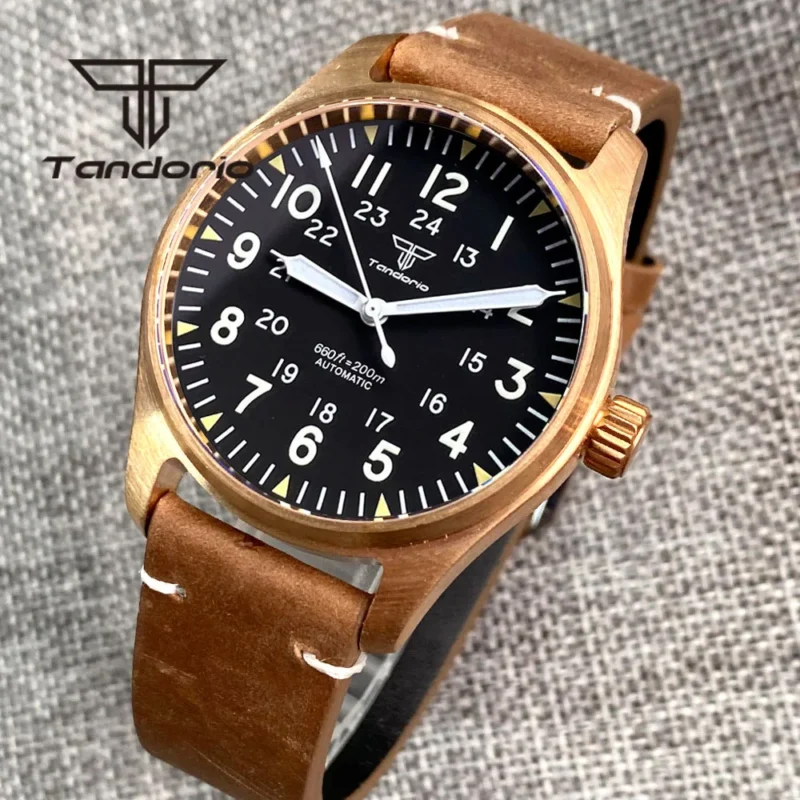 Bronze Automatic Dive Watch 200M Water Resistant with Sapphire Crystal and Leather Strap - Image 3