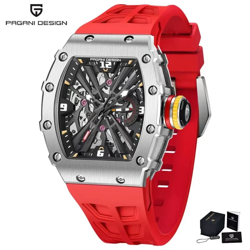 Skeleton Dial Rectangle Quartz Watch with Sapphire Crystal and Rubber Strap - Image 9