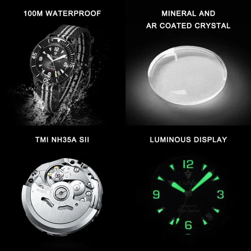 Professional Dive Automatic Watch with Luminous Dial and Canvas Strap - Image 5