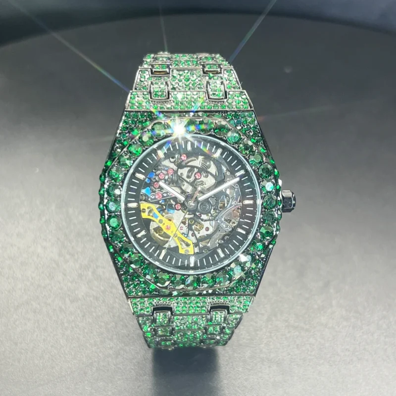 Luxury Skeleton Tourbillon Automatic Watch with Diamond Accents and Green Dial - Image 8