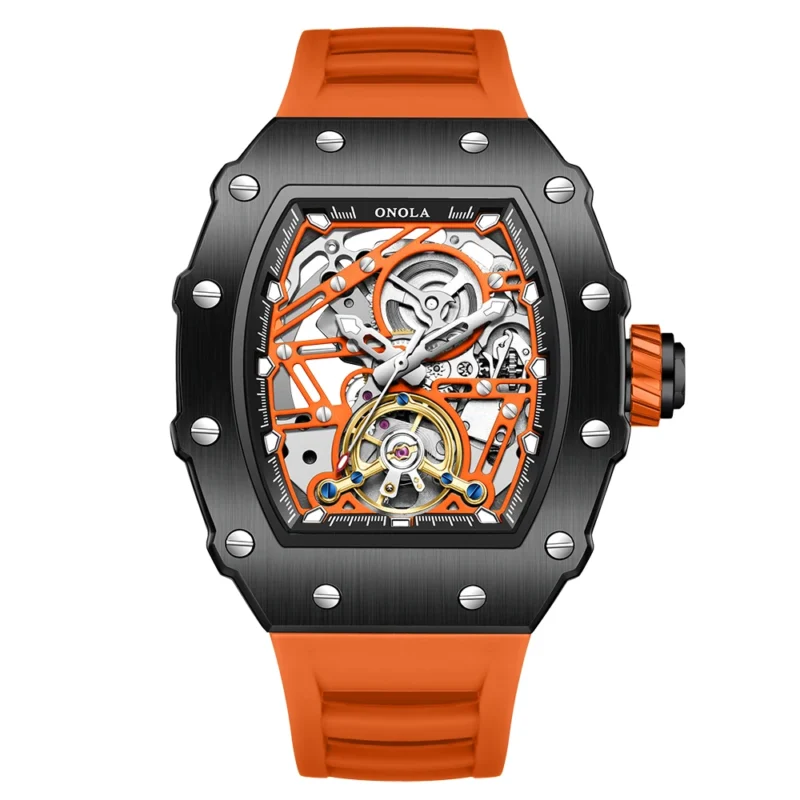 Skeleton Dial Automatic Mechanical Watch with Flywheel Display and Silicone Strap - Image 7