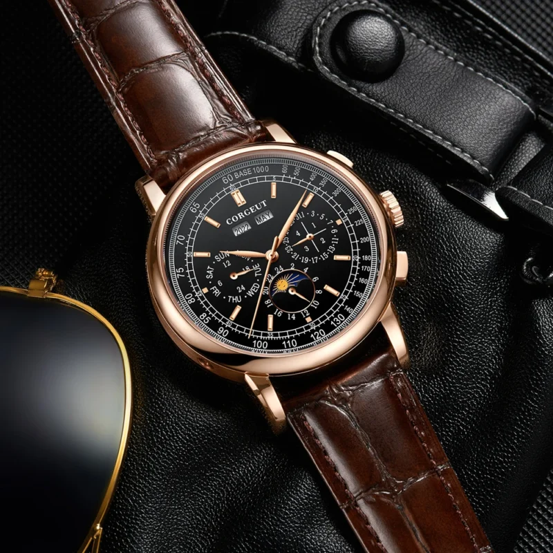 Luxury Moonphase Automatic Watch with Multi-Calendar Display and Genuine Leather Strap - Image 6