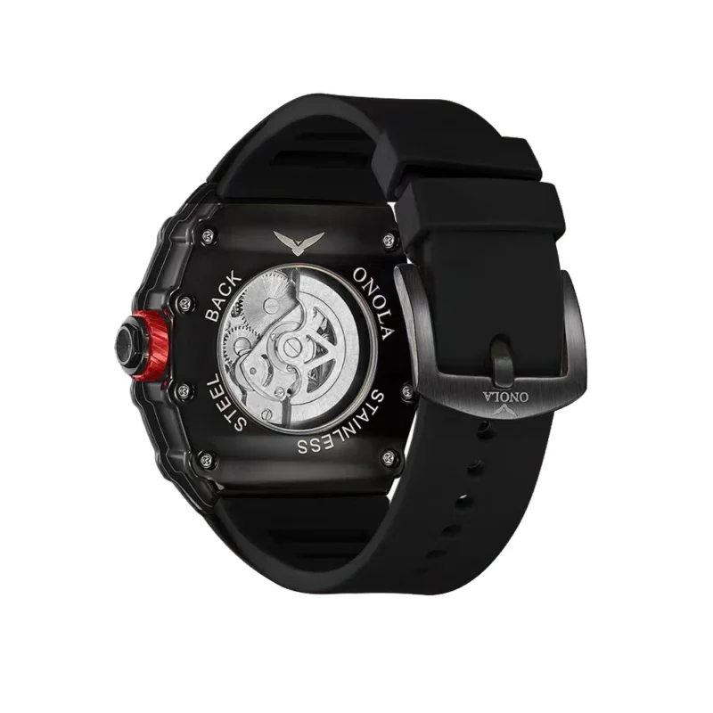 Skeleton Dial Automatic Mechanical Watch with Flywheel Display and Silicone Strap - Image 6